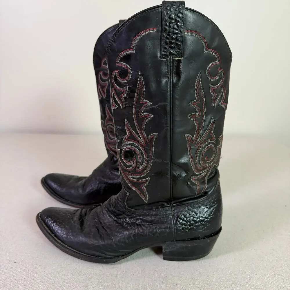 Vintage Diamond J By Justin Cowboy Boots Mens 10.5D Black Leather Red Stitch